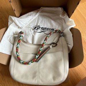 Brighton Barbados Cream Leather Zip Shoulder Bag Purse with Multi Color Strap